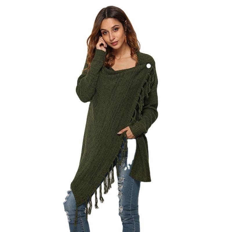 Mirazshoes WholeSale – wholesale Cardigan – Women’s – Long Sleeves Solid Color Tassel Loose Knitted Cardigan Outerwear5