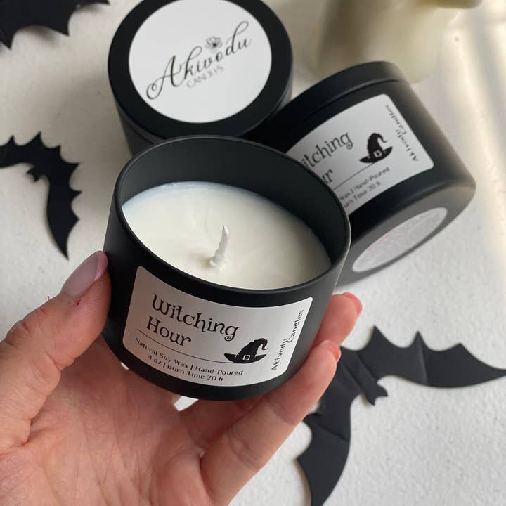 Akivodu Candles - Wholesale Jar/Filled Candle - Witching Hour Halloween Candle 4 oz - Cotton/Wood Wick2