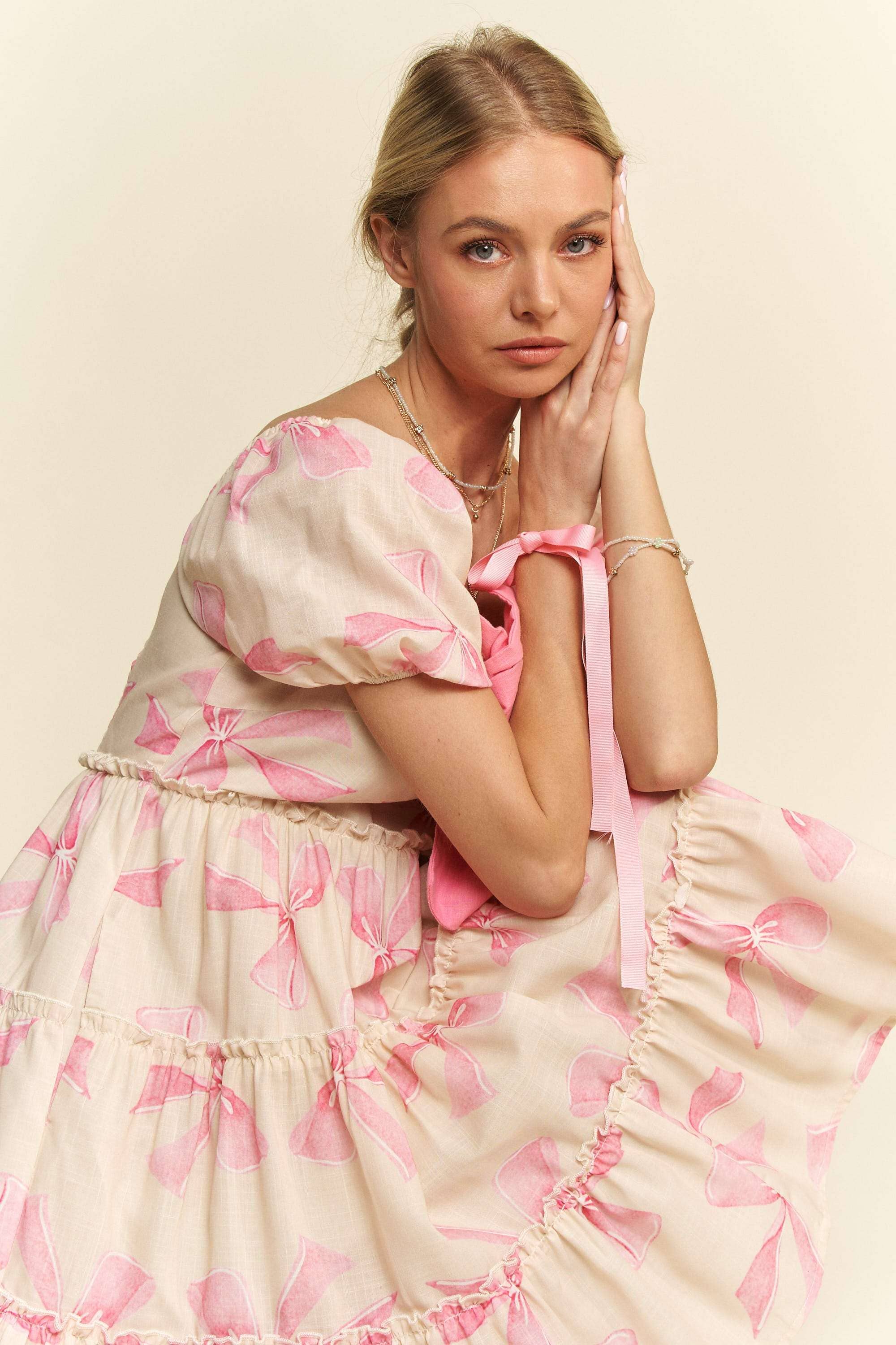 Davi & Dani - Wholesale Dress - Women's - BOW PRINTED PUFF SMOCKING BACK TIERED DRESS16