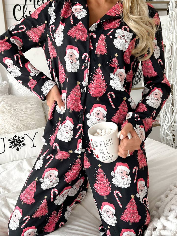 Black Christmas Santa Printed Two Piece Pajamas Set for wholesale on Faire
