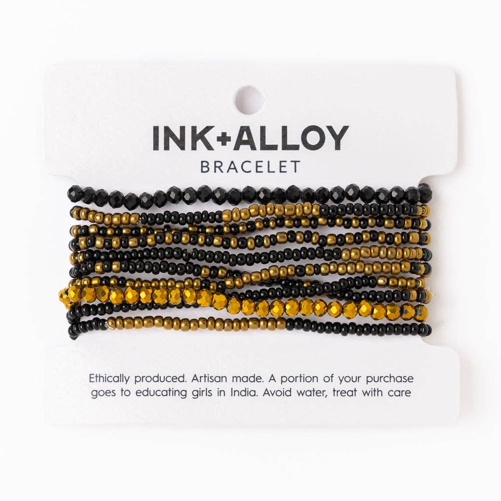 INK + ALLOY - Wholesale Jewelry Set - Game Day Beaded 10 Strand Stretch Bracelet Set Black + Gold Wholesale3