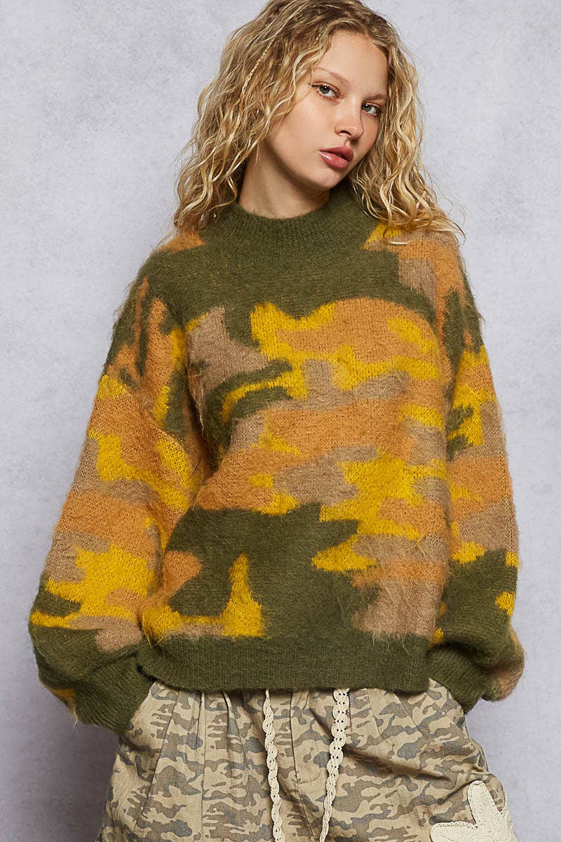 Pol Clothing - Vente Pull en maille – femme - Pull en mohair à manches longues avec blocs de couleur abstraits en solde3
