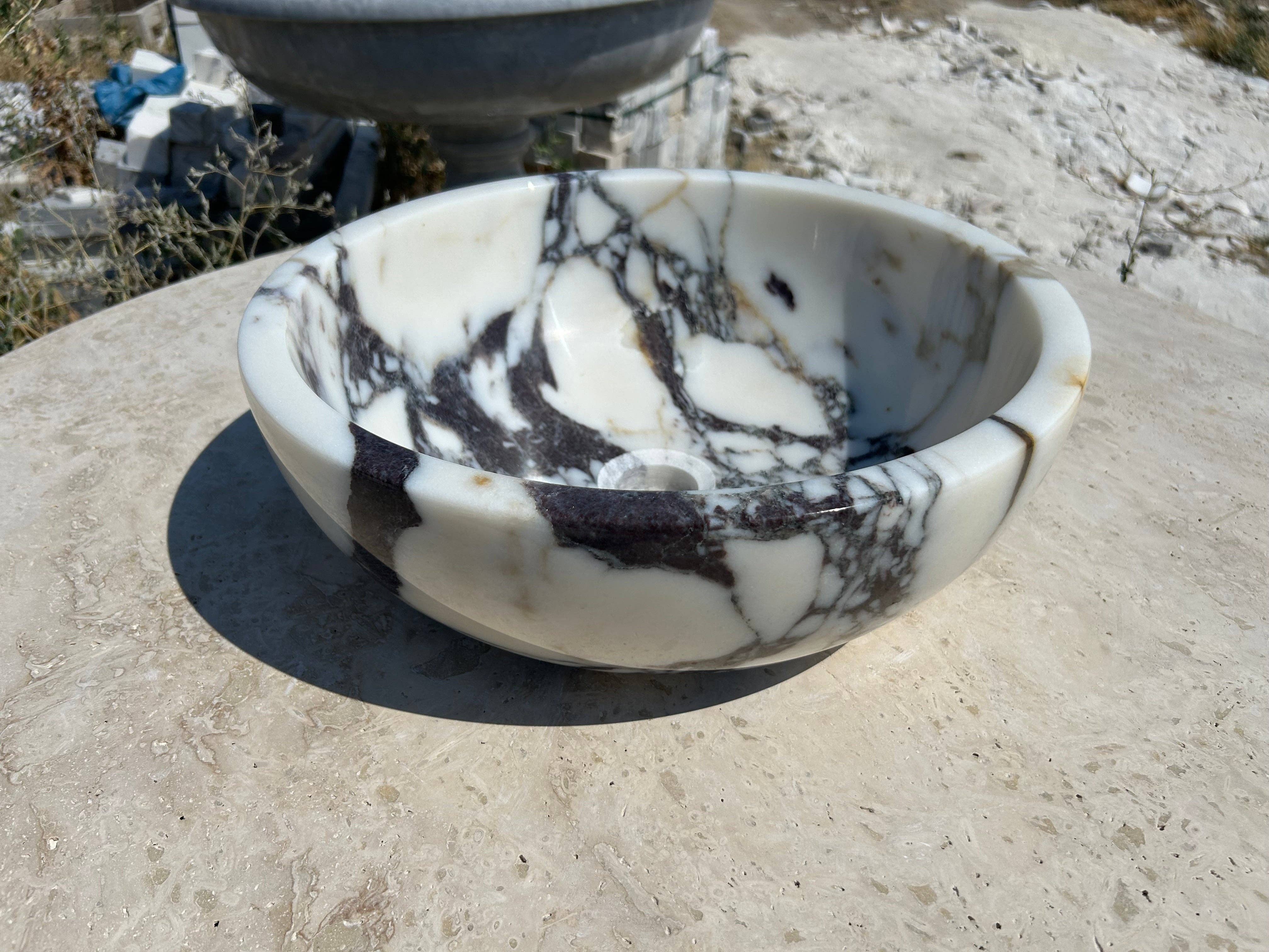 Arbon Marble - Vente Ensemble d'accessoires pour salle de bain - Bol d'évier Calacatta Viola, évier rond en marbre blanc de 16 pouces, dessus de vanité de salle de bain pour ferme rustique6