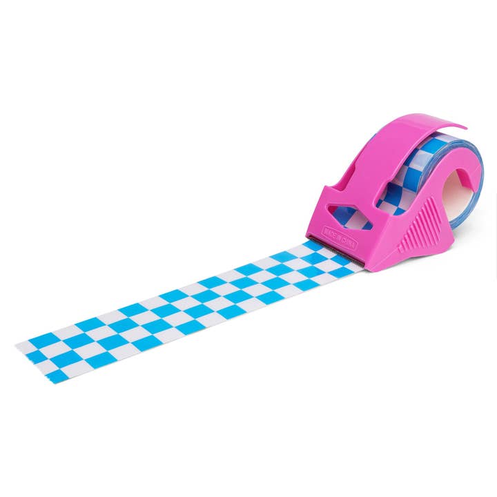 Blue Checkered Packing Tape – 22.2 Yard Mini Roll with Pink Dispenser for wholesale by Shippy Tape