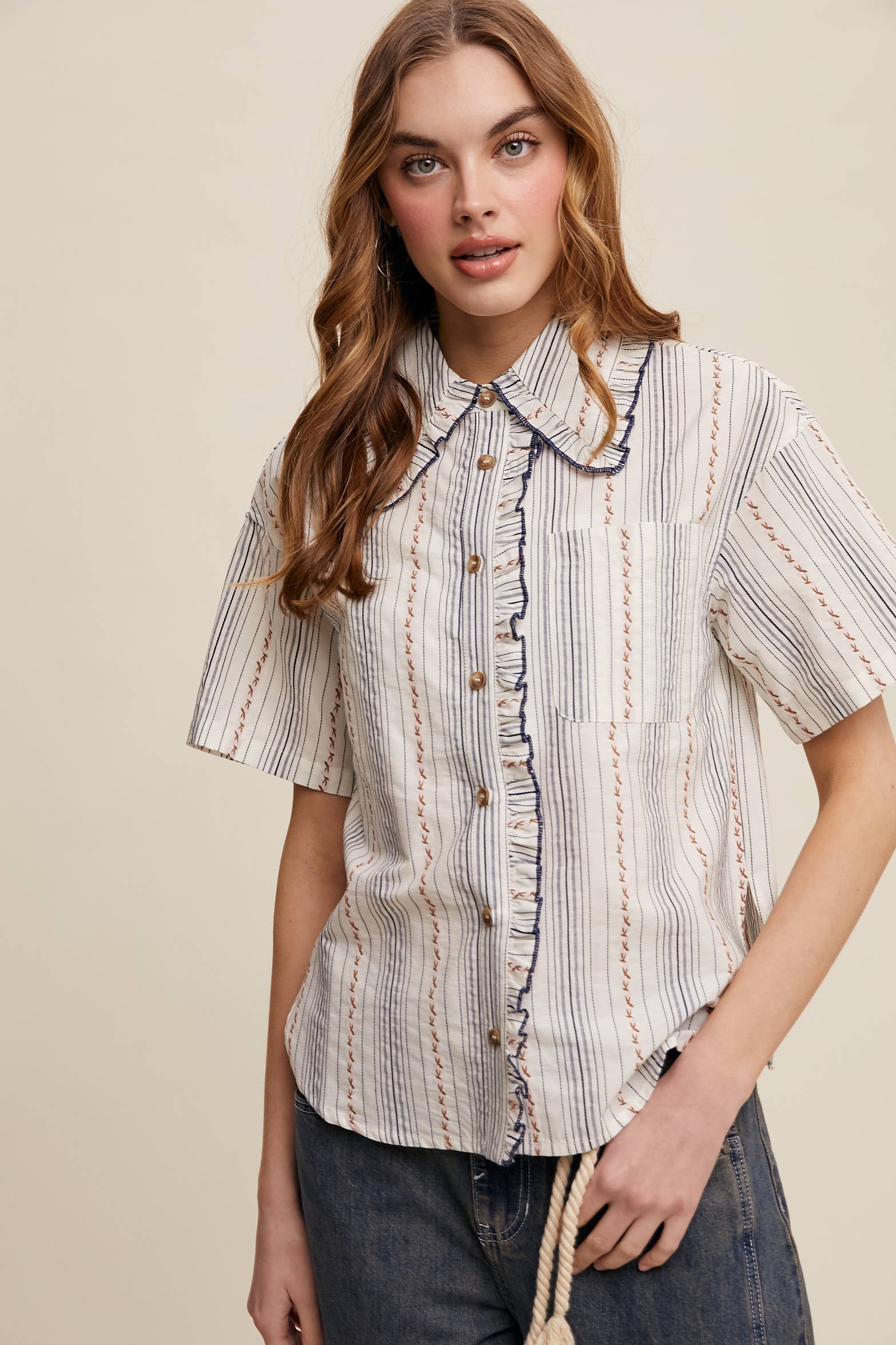 Listicle - Wholesale Button Down Shirt - Women's - Striped Embroidered Button-Down Blouse2