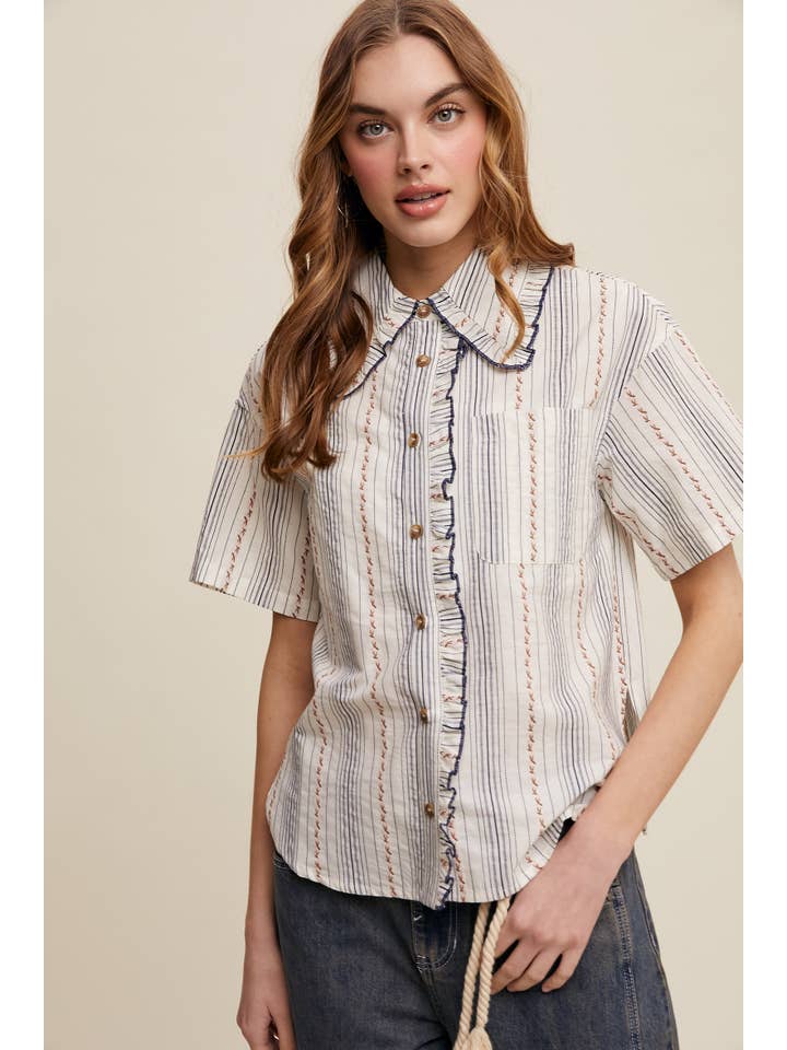 Listicle - Wholesale Button Down Shirt - Women's - Striped Embroidered Button-Down Blouse2