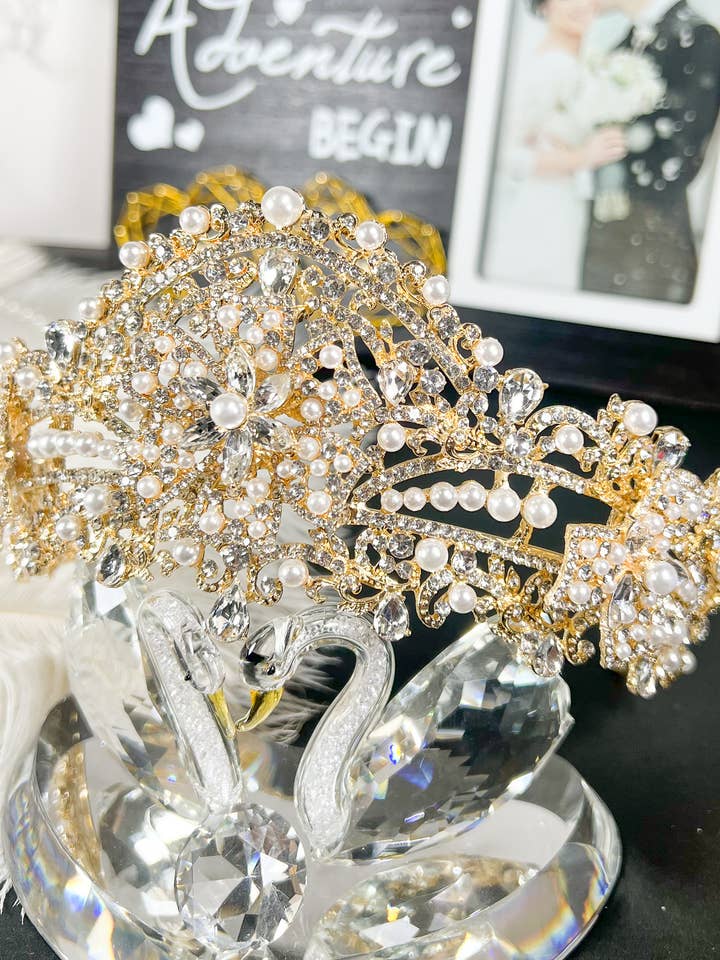 Bridal Pearl Tiara, Gold Rhinestone Crown, Wedding Headband for wholesale by Happy Dream Gifts