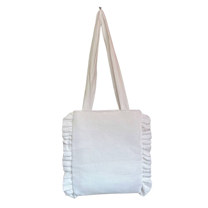 White Muslin Frill Tote Bag for wholesale by Girl Haus