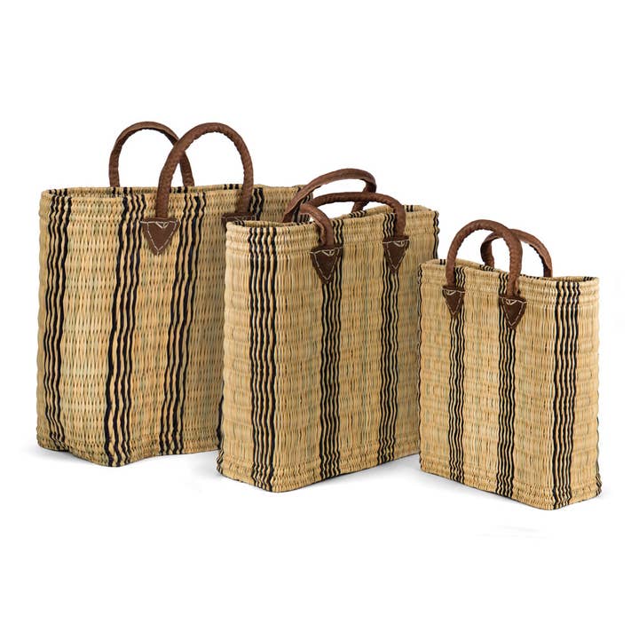 S/3 RECT STRAW TOTE W/LTHR SH for wholesale by Willow Group