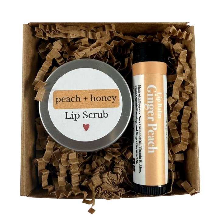 Ginger & Peach Lip Balm + Peach & Honey Lip Scrub for wholesale by Sister Bees LLC