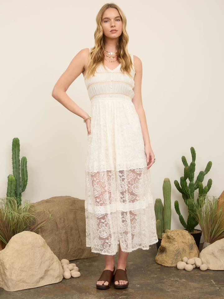 LACE SLEEVELESS SHIRRED MOCK BUTTON MAXI DRESS for wholesale by Blu Pepper