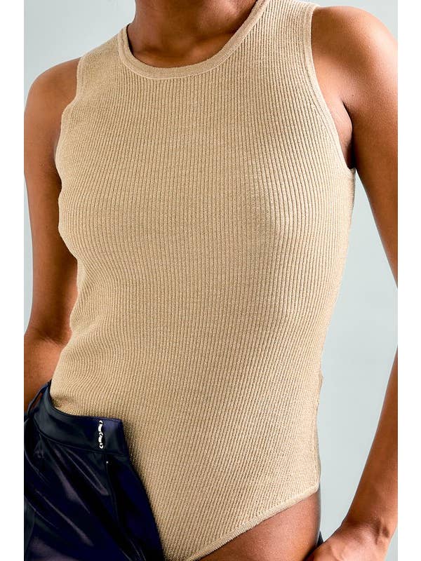 LE LIS - Wholesale Bodysuit - Women's - ROUND NECK SLEEVELESS METALLIC RIBBED BODYSUIT