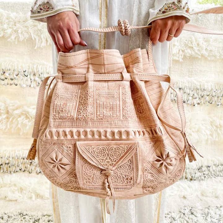 DarKech - Wholesale Shoulder Bag - Women's - Moroccan Leather Bucket Shoulder Drawstring Bag