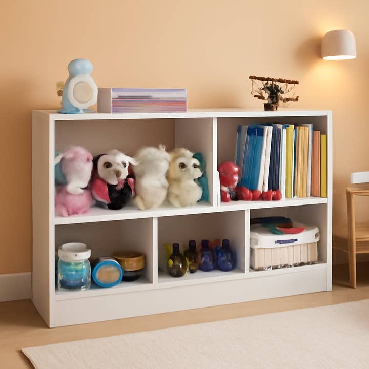 White Wooden Toy Organizer and Bookshelf 5 Section Kid Storage for wholesale on Faire