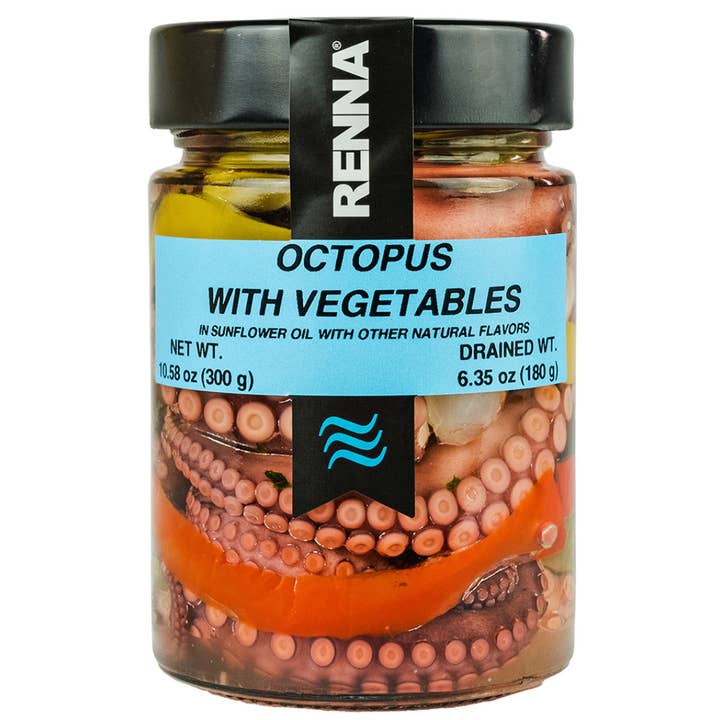 Wholesale Italian Food - Wholesale Tinned Fish - Renna, Octopus With Vegetables preserved in oil (10.58 oz), Premium Imported Canned Seafood, Mediterranean flavor, Product of Italy