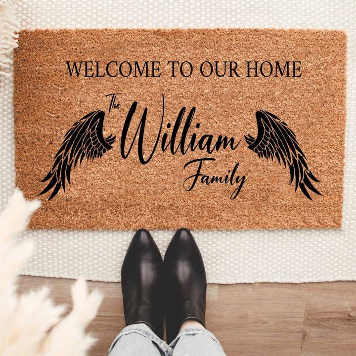 iLovemats Customized Doormats - Wholesale Door Mat - Angel Wings Name Doormat, Housewarming Gift, Welcome Doormat, Front Doormat, Personalize Doormat, Customized Doormat, Family Name Doormat