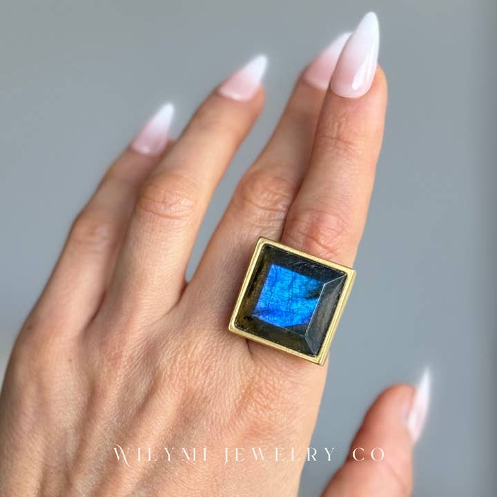 WILYMI Jewelry Co - Wholesale Cocktail/Statement Ring - PRESENCE Labradorite 20mm Square Cut | 24k GF | Adjustable18