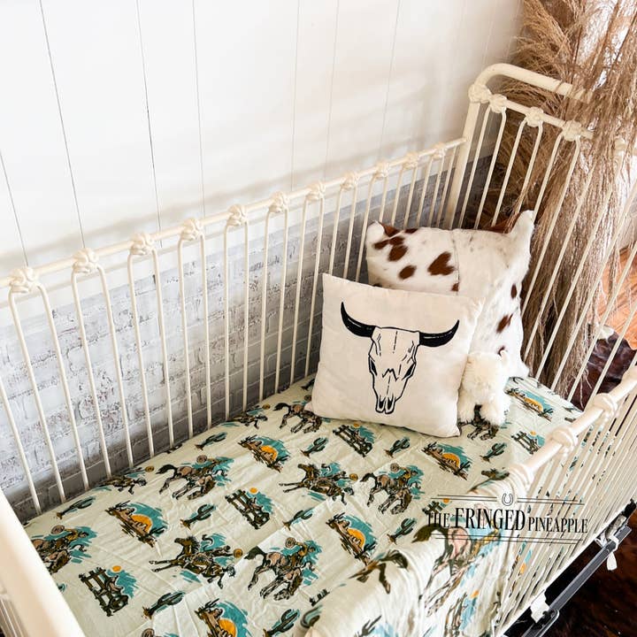 The Fringed Pineapple - Wholesale Cot/Crib Sheets - BUCKAROO RANCH BRONC WESTERN FITTED CRIB SHEET 2.0