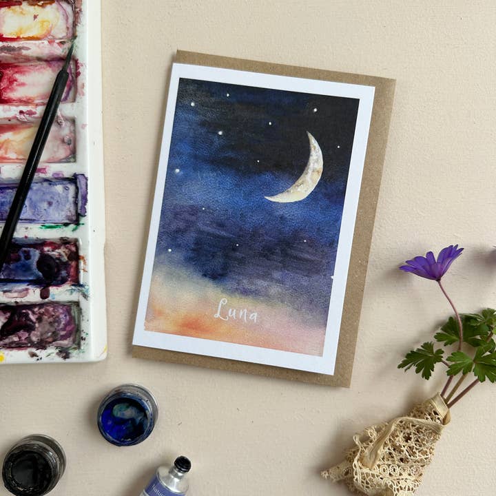 Crescent Moon Watercolour Card for wholesale by Katie Hipwell Design