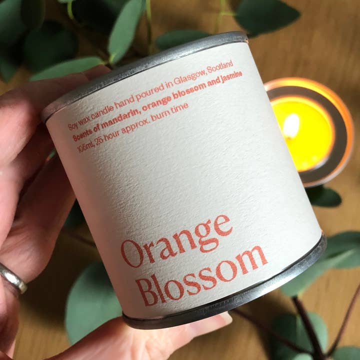 Orange Blossom Soy Wax Candle Tin for wholesale by Lovat Press