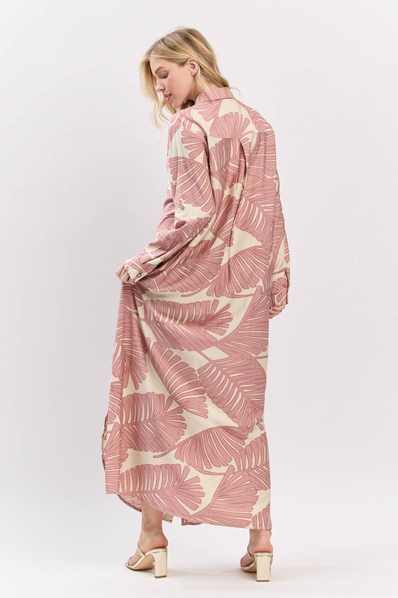 B I G H I T Fashion - Wholesale Dress - Women's - Palm Print Button-Down Maxi Dress HD3104-BLUSH8