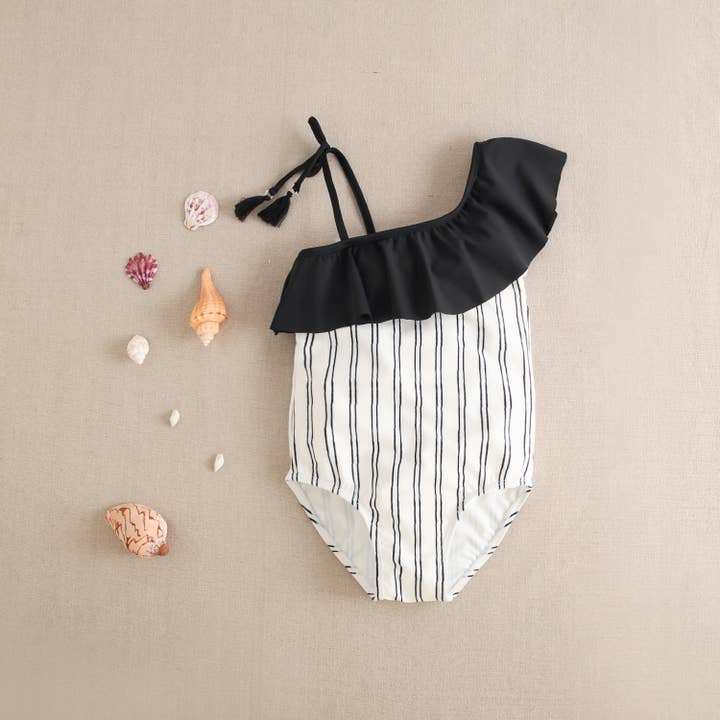 Dadati - Wholesale One Piece Swimsuit - Kids - Girls' white swimsuit with black stripes