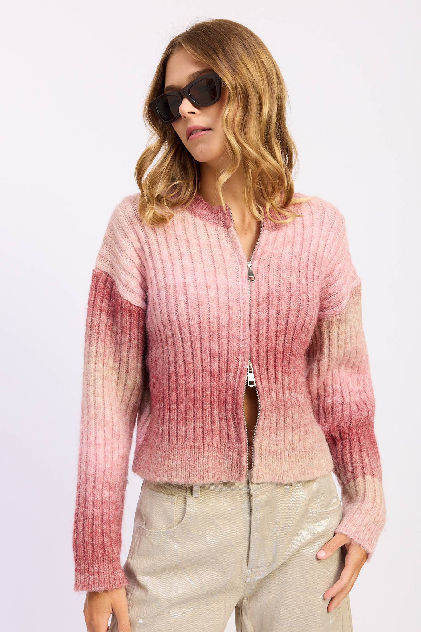Rose CARDIGAN CÔTELÉ AVEC DOUBLE FERMETURE ÉCLAIR en vente sur Faire5