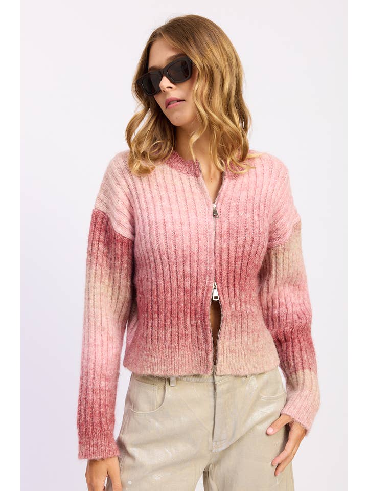 Rose CARDIGAN CÔTELÉ AVEC DOUBLE FERMETURE ÉCLAIR en vente sur Faire5