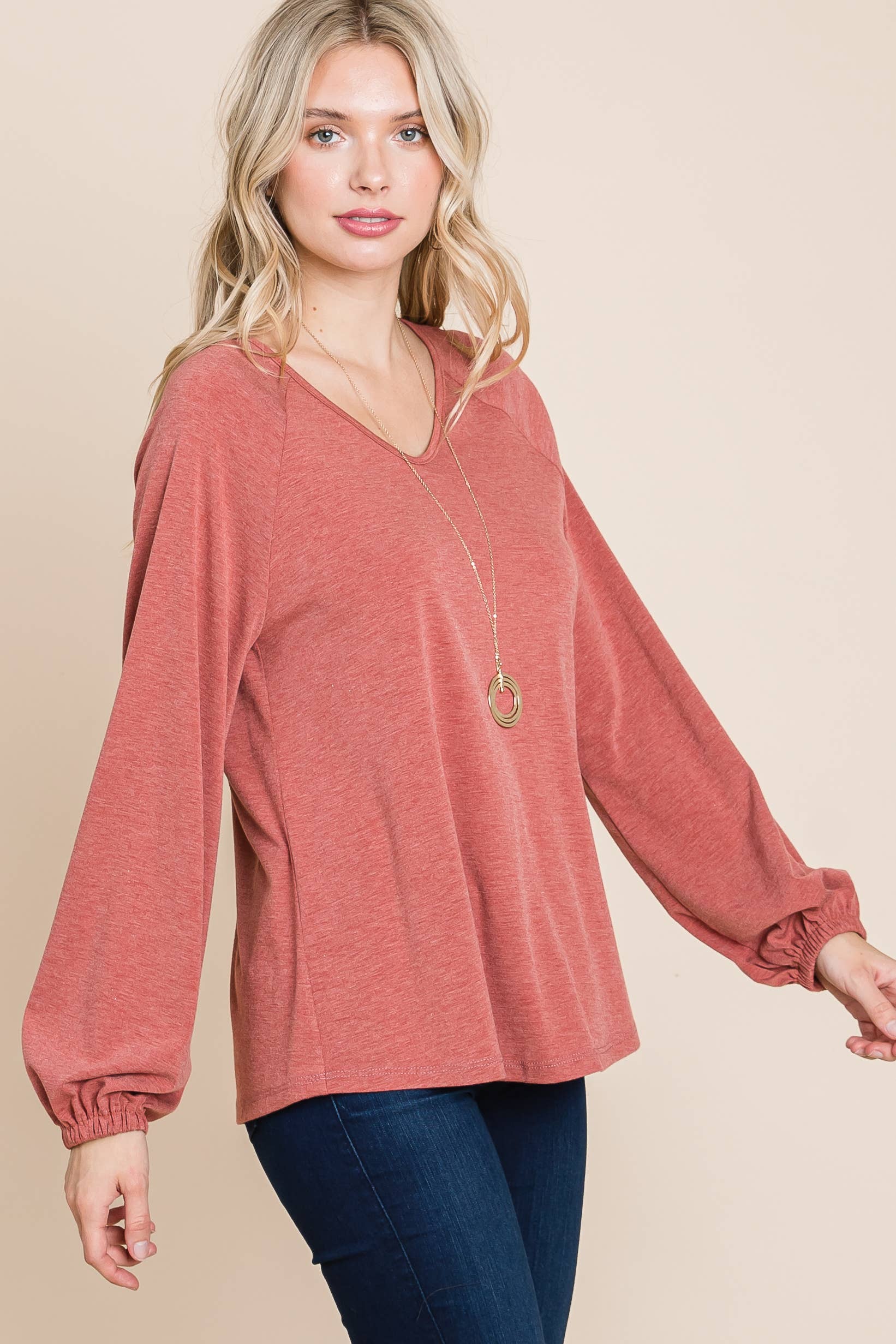 Emerald Collection – Engroshandel Tunika - Dame – ETK-8647 Casual V-hals Grundlæggende Langærmet Top3