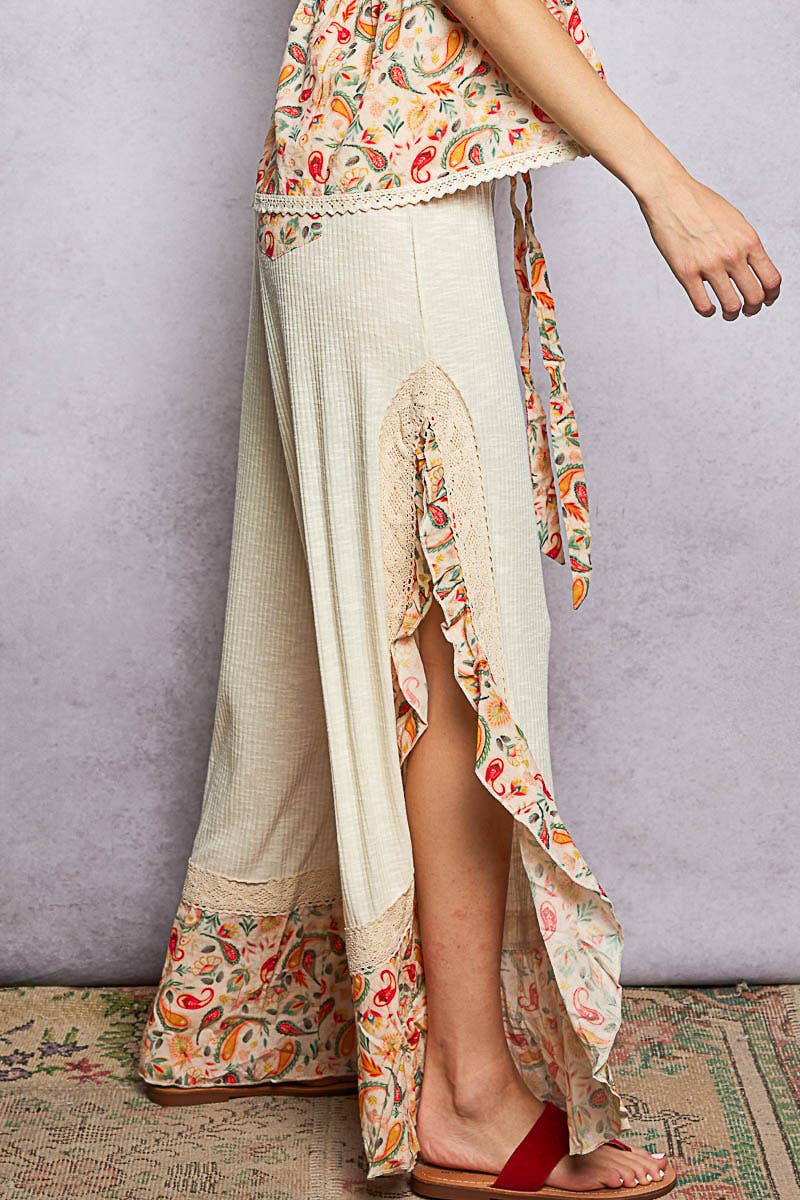 Pol Clothing - Wholesale Pants - Women's - Floral Pattern Ruffle Detail Ribbed Knit Pants22