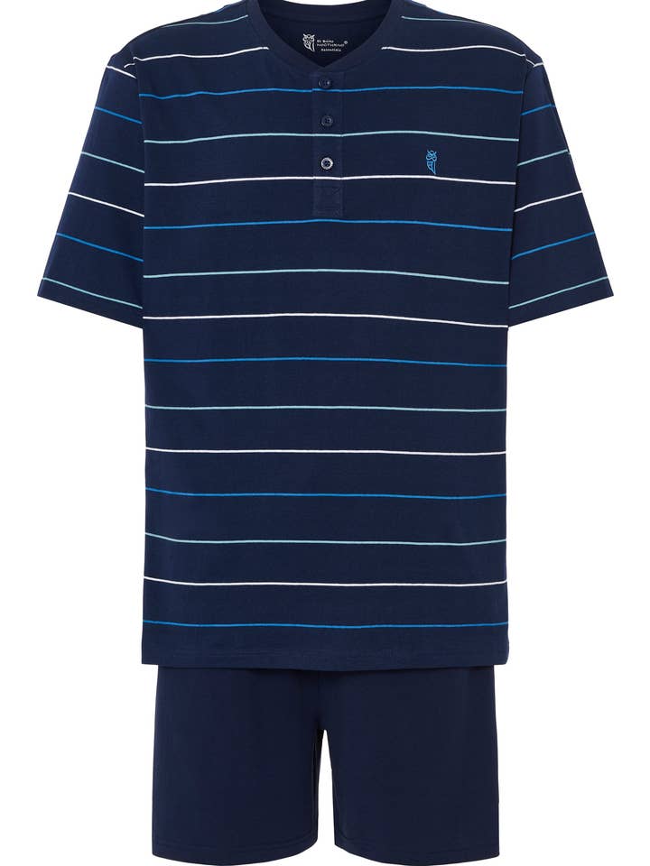 Pyjama Homme Été Court Patte Coton Maille Rayures - Bleu 3040_39 pour la vente par El Búho Nocturno