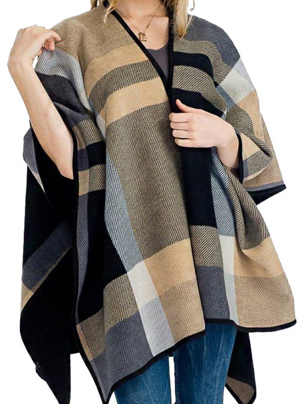 Cap Zone - Wholesale Poncho - Women's - Plaid Faux Cashmere Slit-Sided Open Silhouette Cape Poncho3