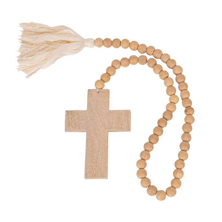 Foreside Home & Garden - Wholesale Decorative Tabletop Object - Kacy Easter Cross Natural Wood Bead Garland Cotton Tassel3