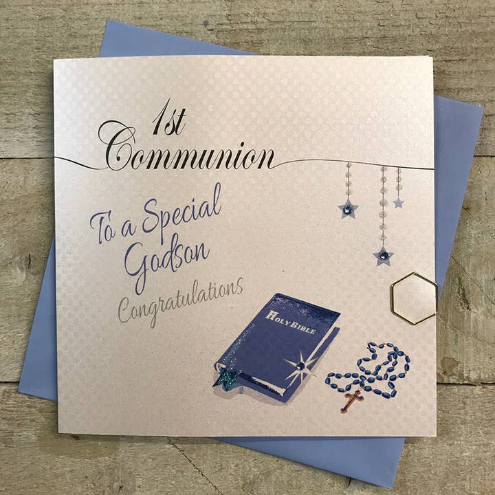 White Cotton Cards - Wholesale Confirmation & Communion Card - 1st Communion To A Special Godson, Blue Bible (LL257-GODS)