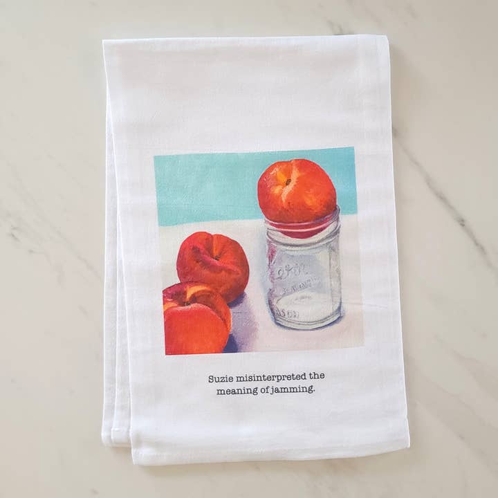 Betsie Studios - Wholesale Tea Towel - "Suzie misinterpreted" Peaches Tea Towel1
