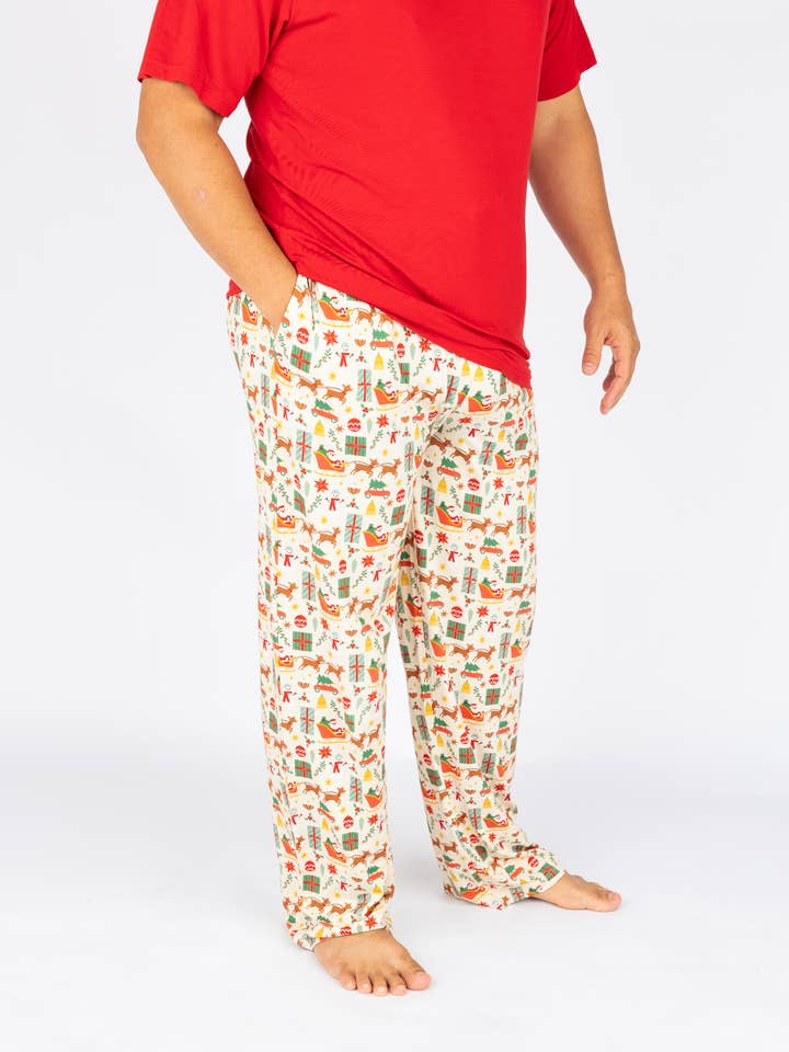 Beige Multi Holiday Vintage Christmas Bamboo Relaxed Unisex Lounge Pants for wholesale on Faire