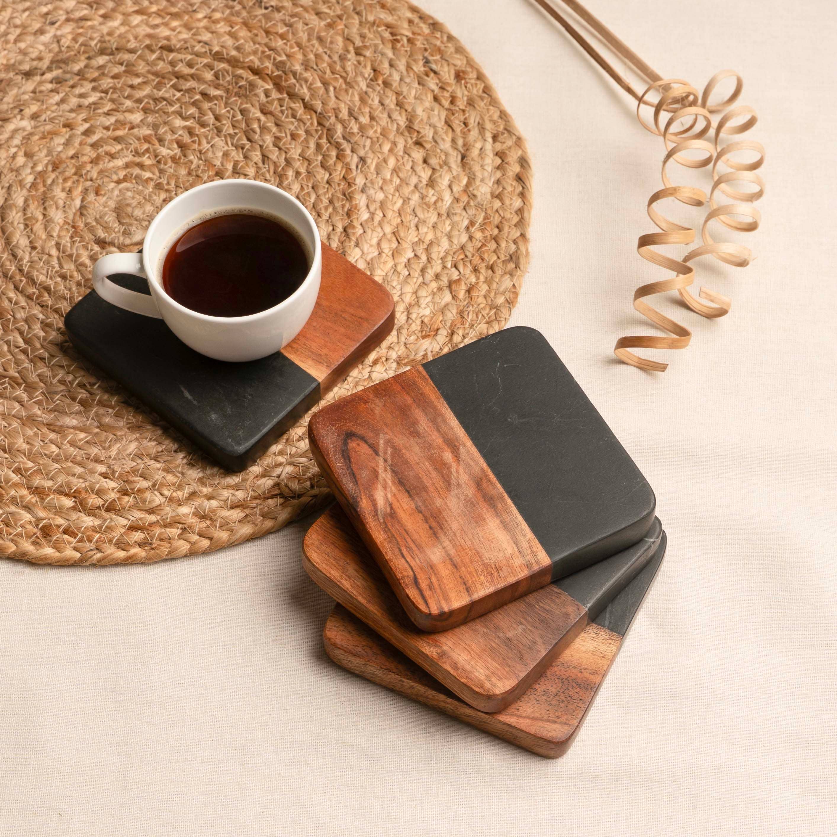 LuxeDesigns Co LLC - Wholesale Coasters - Artisan Marble and Wood Square Coaster Set of 4 - Black11