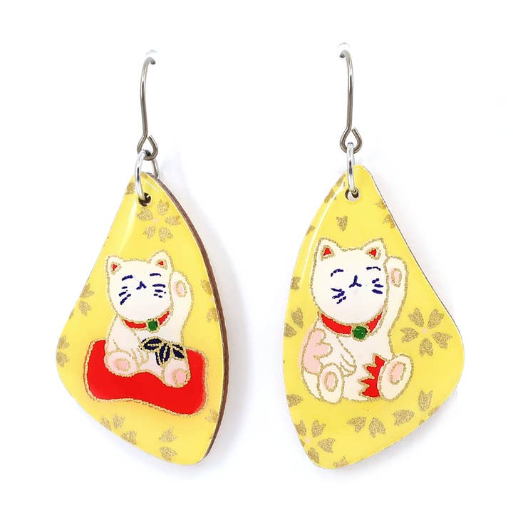 Yellow Manekineko luckey cat titanium dangle earrings for wholesale by autumn + tree