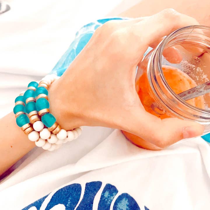 Forever Faye - Wholesale Beaded Bracelet - Blue Recycled Sea Glass Bracelet