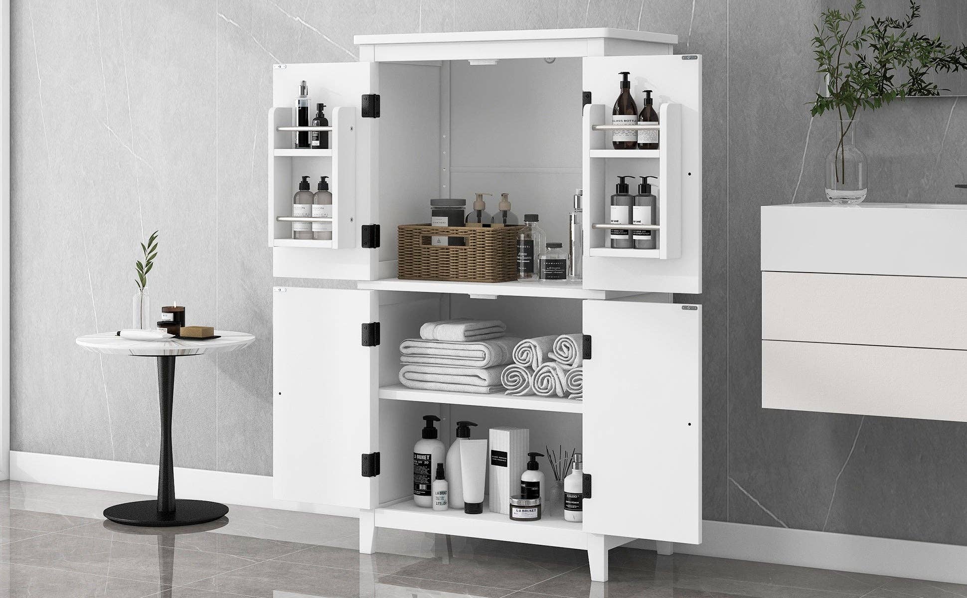 Orange County Decor - Wholesale Cabinet - Elegant Bathroom Floor Storage Cabinet, Bathroom Storage Unit, Freestanding Cabinet With 4 Doors, Adjustable Shelves, Adaptable Shelves, White White Mdf28