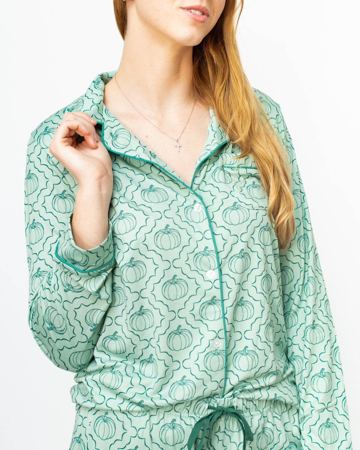 The Royal Standard - Vente Haut de pyjama – femme - Chemise de nuit à manches longues boutonnée Give 'em Pumpkin   Jade clair/Jasper   -Assortie.0