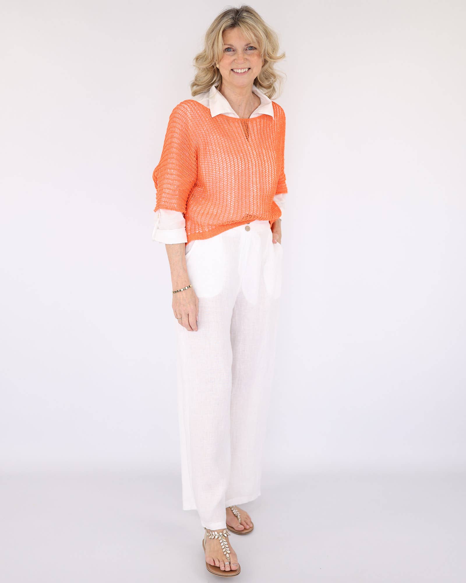 Cadenza Italy Ltd - Vente Pantalon – femme - Pantalon large droit en lin6