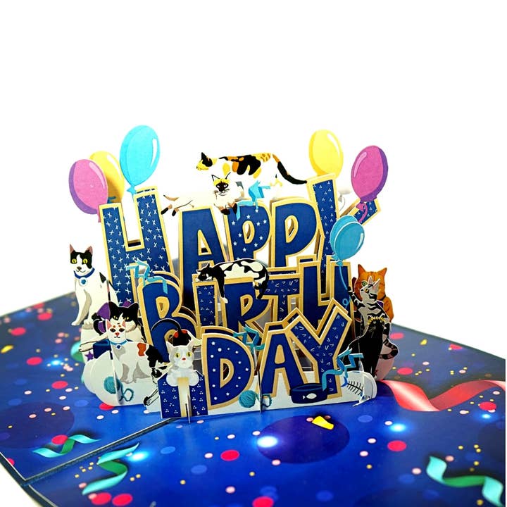 Biglietto pop-up Happy Birthday Cats per la vendita all'ingrosso da parte di Wonder Paper Art