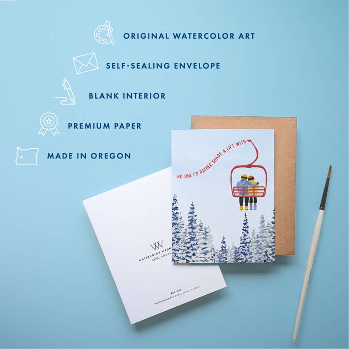 Watercolor Wednesday - Wholesale Valentine's Day Card - Ski Love Card | Winter Romance for Anniversary, Valentine's1