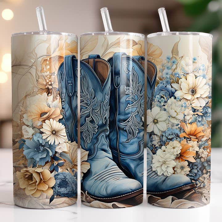 Blue Cowgirl Boots Tumbler for wholesale by Beautiful Creations by Laney