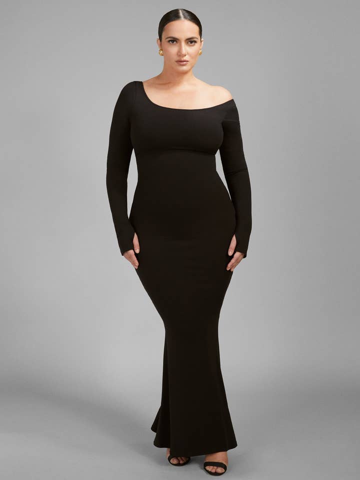 TA3 Swim - Wholesale Dress - Women's - Scoopy Long Sleeve Rib Mermaid Dress - Black