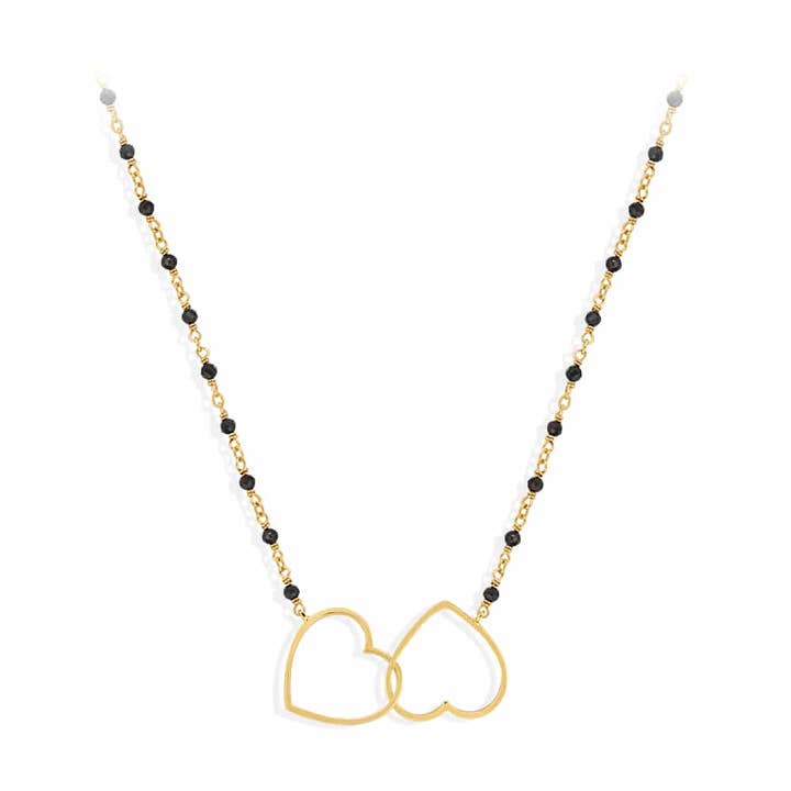 Collar doble corazón plata dorada y piedra espinela negra para venta al por mayor de ORUS BIJOUX