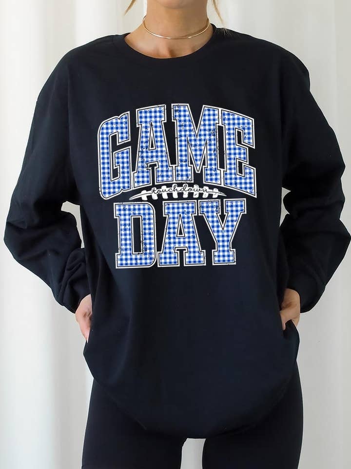 Maglia a maniche lunghe grafica da giorno di gioco a quadretti blu per la vendita all'ingrosso da parte di COLORBEAR