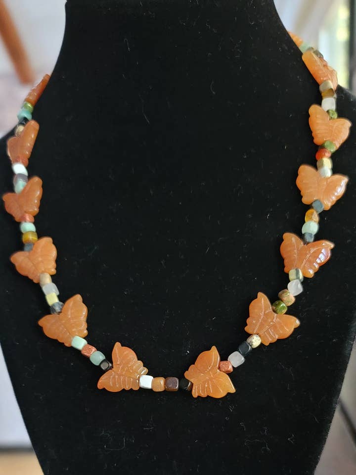 Handcarved Butterfly necklace, natural gemstone cube beads for wholesale by Horse Spirit Studio