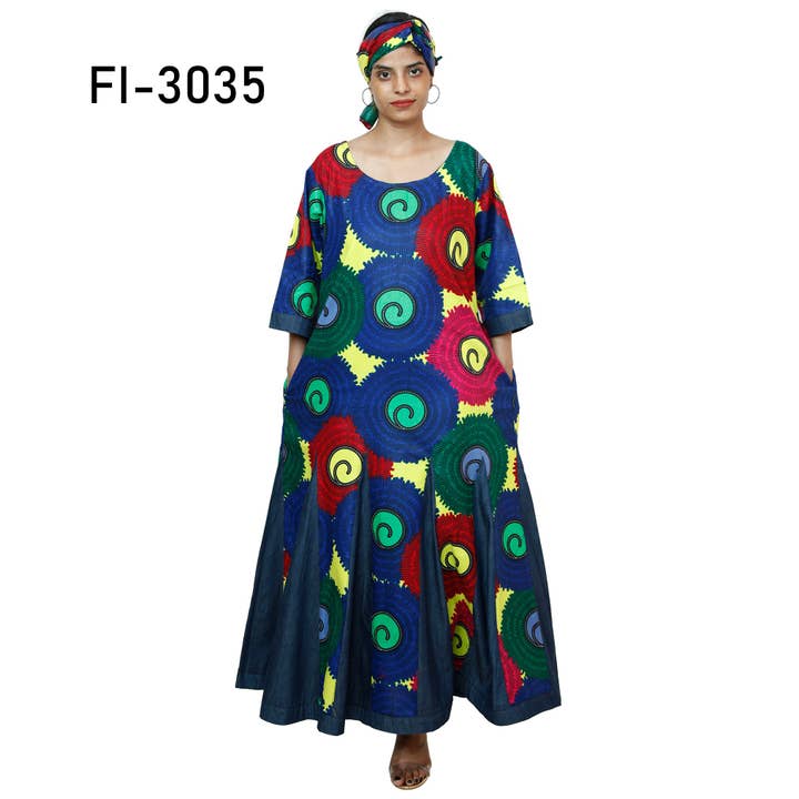 Women's Printed and Denim Long Sleeve Maxi Dress -- FI-3035 for wholesale by African Stars